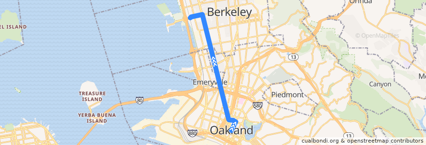 Mapa del recorrido AC Transit 802: Downtown Oakland => Berkeley Amtrak de la línea  en 阿拉梅达县/阿拉米達縣/阿拉米達郡.