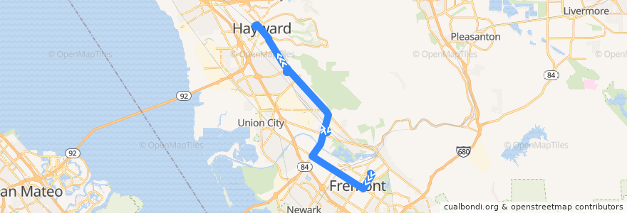 Mapa del recorrido AC Transit 99: Fremont BART => Hayward BART de la línea  en Alameda County.