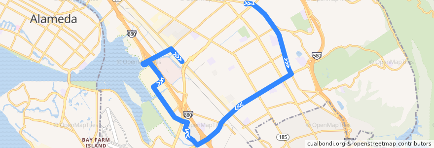 Mapa del recorrido AC Transit 98: Eastmont Transit Center => Coliseum BART de la línea  en أوكلاند (كاليفورنيا).