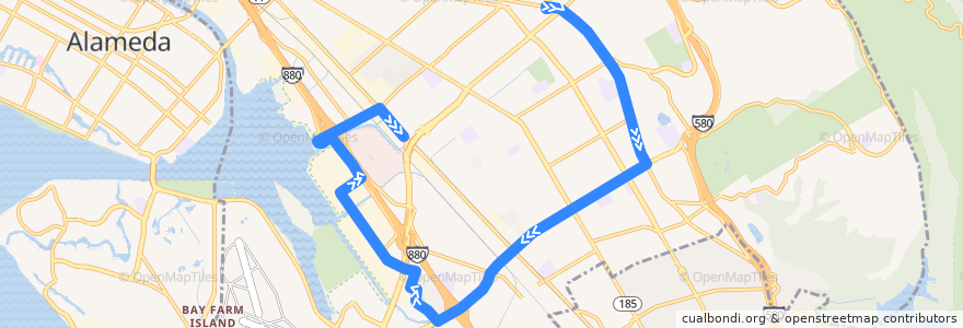 Mapa del recorrido AC Transit 98: Eastmont Transit Center => Coliseum BART de la línea  en 奥克兰/奧克蘭/屋崙.