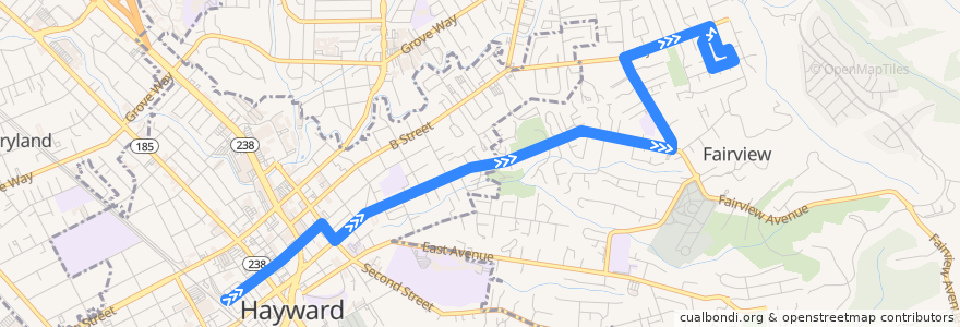 Mapa del recorrido AC Transit 95: Hayward BART => Fairview District de la línea  en Alameda County.