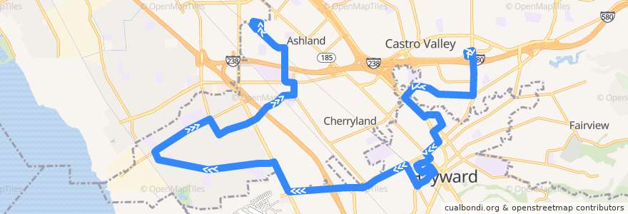 Mapa del recorrido AC Transit 93: Castro Valley BART => Bay Fair BART de la línea  en Аламида.