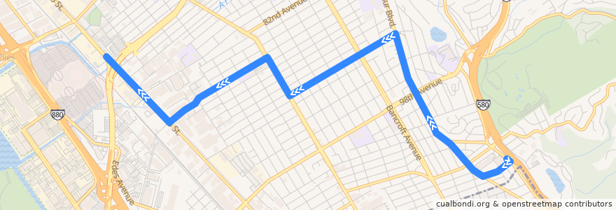 Mapa del recorrido AC Transit 90: Foothill Square => Coliseum BART de la línea  en 奥克兰/奧克蘭/屋崙.