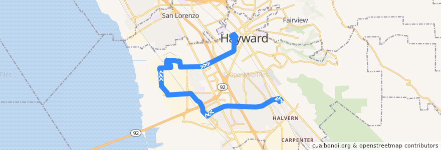 Mapa del recorrido AC Transit 86: South Hayward BART => Hayward BART de la línea  en 海沃德.