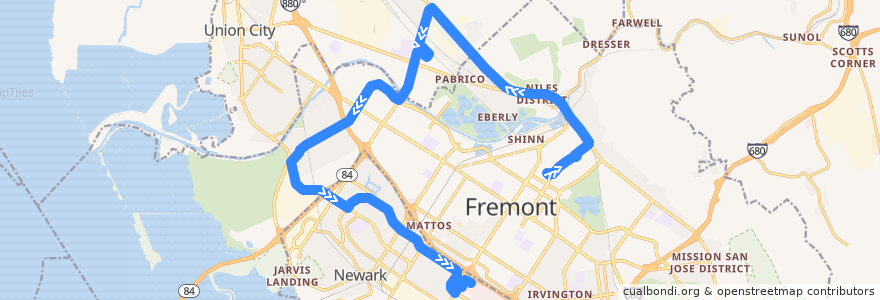 Mapa del recorrido AC Transit 232: Fremont BART => NewPark Mall de la línea  en 阿拉梅达县/阿拉米達縣/阿拉米達郡.