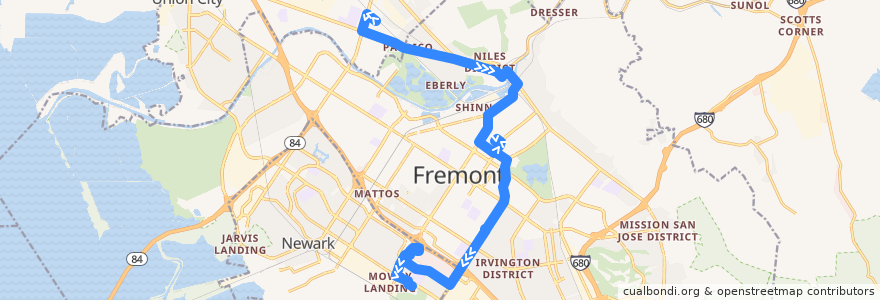 Mapa del recorrido AC Transit 216: Union City BART => Ohlone College Newark Campus (weekdays) de la línea  en Fremont.