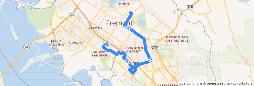 Mapa del recorrido AC Transit 212: NewPark Mall => Pacific Commons => Fremont BART (weekdays) de la línea  en 費利蒙.