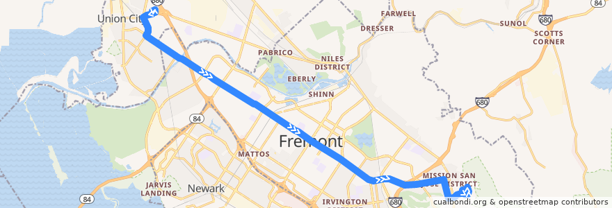 Mapa del recorrido AC Transit 210: Union Landing Transit Center => Ohlone College de la línea  en Fremont.