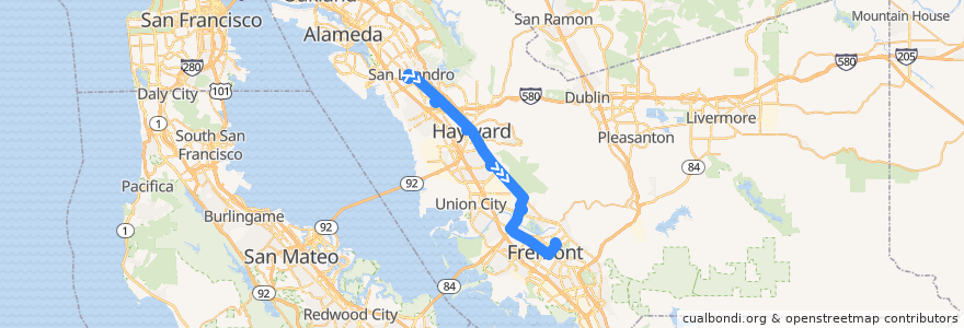Mapa del recorrido AC Transit 801: San Leandro BART => Fremont BART de la línea  en شهرستان آلامدا، کالیفرنیا.