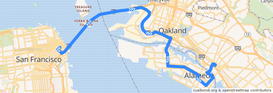 Mapa del recorrido AC Transit O: Salesforce Transit Center => Fruitvale BART de la línea  en カリフォルニア州.