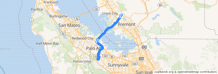 Mapa del recorrido Dumbarton Express DB1: Union City BART => VA Hospital => Stanford Research Park de la línea  en Califórnia.