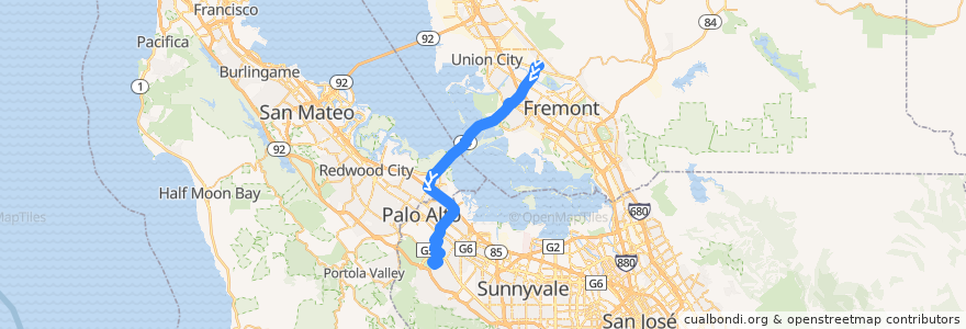 Mapa del recorrido Dumbarton Express DB1: Union City BART => VA Hospital => Stanford Research Park de la línea  en Kaliforniya.