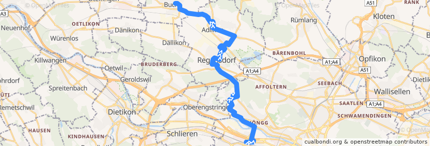 Mapa del recorrido Bus 485: Zürich, Bahnhof Altstetten Nord => Buchs ZH, Linde de la línea  en チューリッヒ.