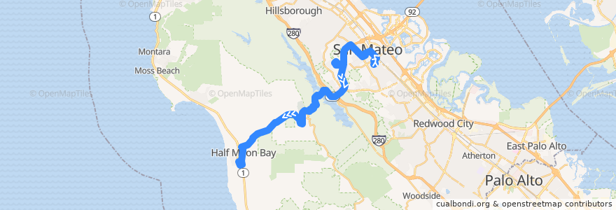 Mapa del recorrido SamTrans 294: San Mateo Medical Center => College of San Mateo => Main & Poplar (pm) de la línea  en San Mateo County.
