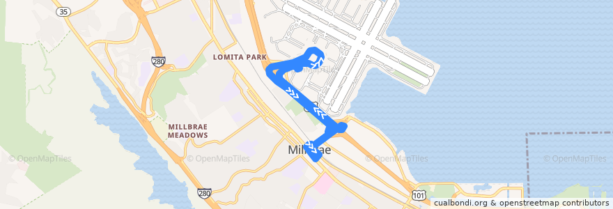 Mapa del recorrido SamTrans SFO: Millbrae => SFO Airport => Millbrae de la línea  en San Mateo County.