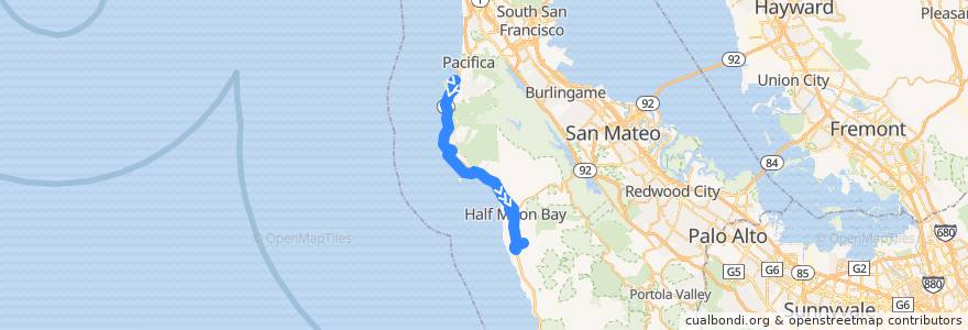 Mapa del recorrido SamTrans 17: Linda Mar => Seton Coastside => Canada Cove => Moonridge Apartments (weekend midday) de la línea  en San Mateo County.
