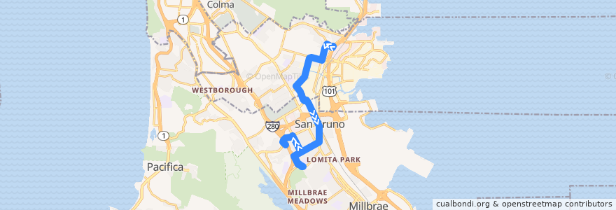 Mapa del recorrido SamTrans 141: Airport & Linden => San Bruno Senior Center => Shelter Creek (midday) de la línea  en San Mateo County.