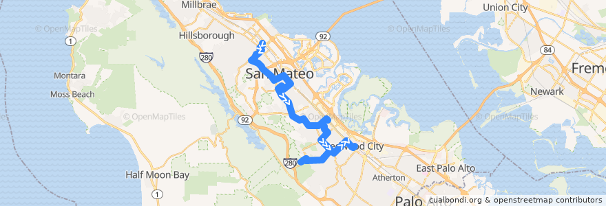 Mapa del recorrido SamTrans 295: San Mateo Caltrain => Cordilleras Center => Redwood City Transit Center (mornings) de la línea  en San Mateo County.