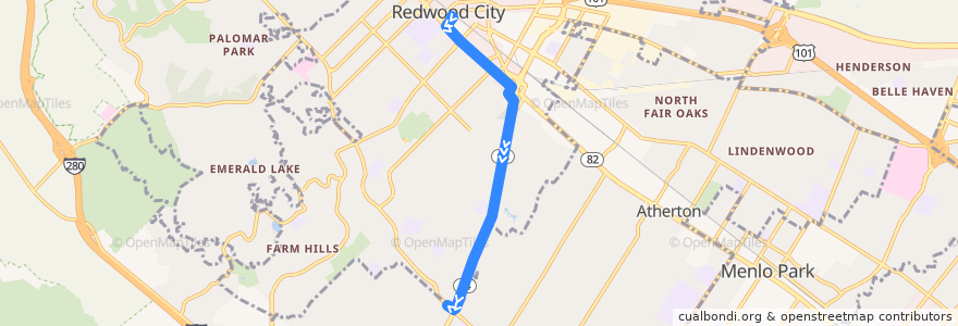 Mapa del recorrido SamTrans 275: Redwood City Transit Center => Alameda & Woodside de la línea  en Redwood City.