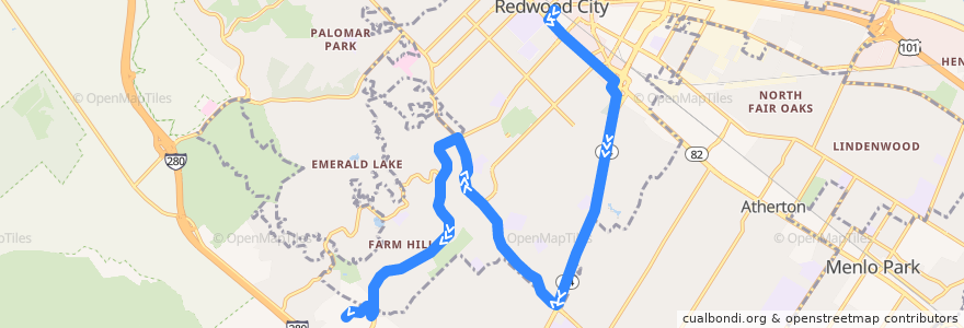 Mapa del recorrido SamTrans 278: Redwood City Transit Center => Jefferson & Alameda => Cañada College (pm Saturdays) de la línea  en Redwood City.