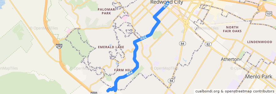Mapa del recorrido SamTrans 274: Redwood City Transit Center => Cañada College de la línea  en Redwood City.