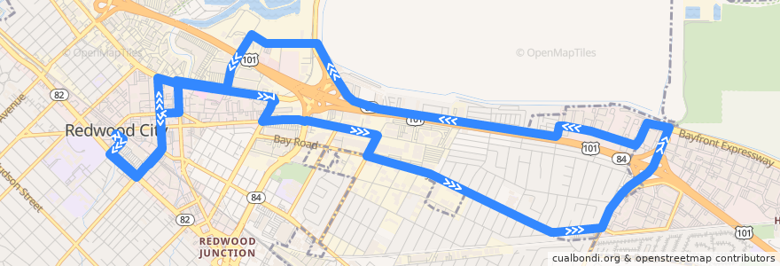 Mapa del recorrido SamTrans 270: Redwood City Transit Center => Florence & 17th Avenue => Redwood City Transit Center de la línea  en San Mateo County.