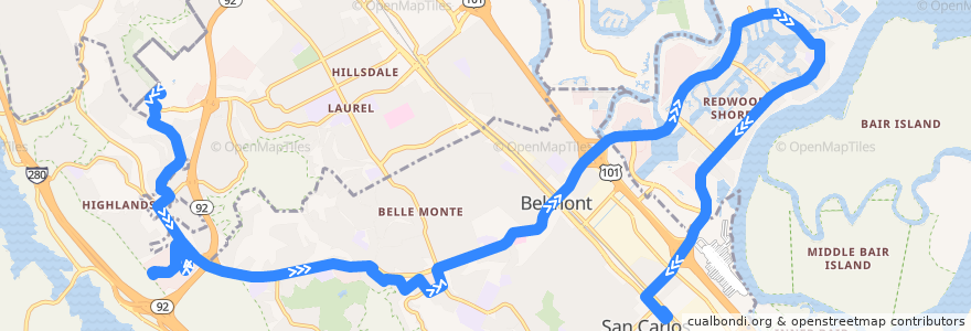 Mapa del recorrido SamTrans 260: College of San Mateo => Youth Detention Center => Gateway Community School => San Carlos Caltrain (pm) de la línea  en San Mateo County.