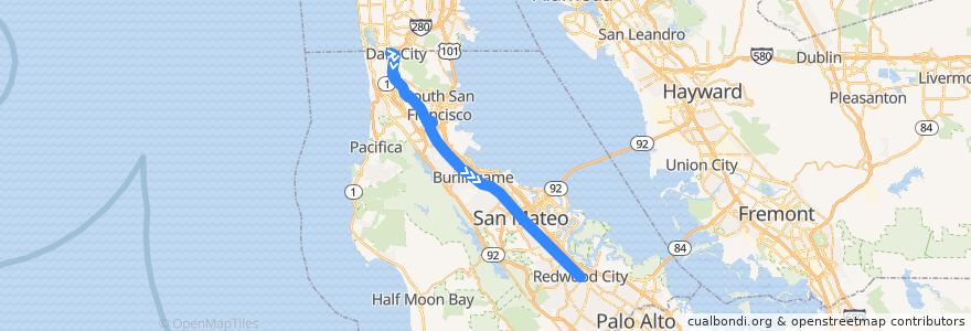 Mapa del recorrido SamTrans ECR Rapid: Daly City BART => Redwood City Transit Center de la línea  en San Mateo County.