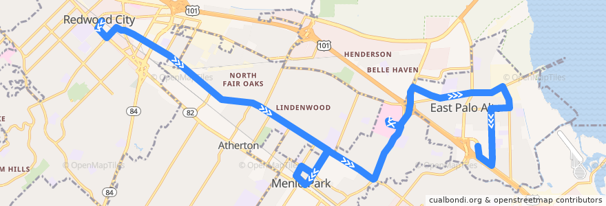 Mapa del recorrido SamTrans 296: Redwood City Transit Center => Menlo Park Caltrain => Bayshore & Donohoe de la línea  en San Mateo County.