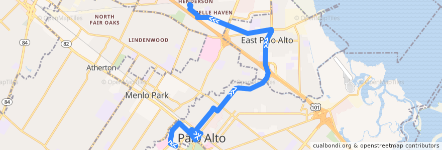 Mapa del recorrido SamTrans 281: Stanford Shopping Center => Onetta Harris Community Center de la línea  en San Mateo County.