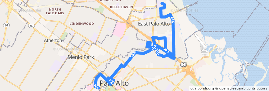 Mapa del recorrido SamTrans 280: Stanford Shopping Center => Purdue & Fordham de la línea  en San Mateo County.