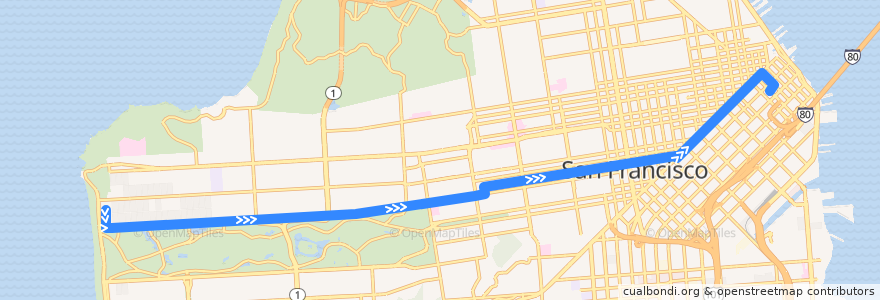 Mapa del recorrido Muni 5 inbound: The Richmond => Salesforce Transit Center (evenings, weekends) de la línea  en 旧金山.