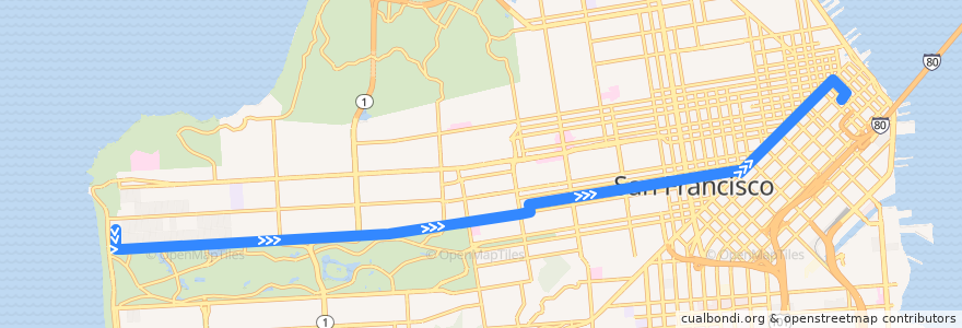 Mapa del recorrido Muni 5 inbound: The Richmond => Salesforce Transit Center (evenings, weekends) de la línea  en San Francisco.