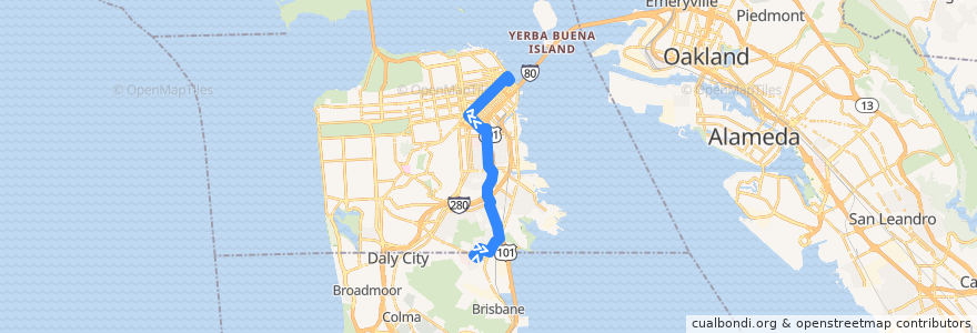 Mapa del recorrido Muni 9 inbound: Visitacion Valley => Downtown (early mornings, evenings, weekends) de la línea  en San Francisco.
