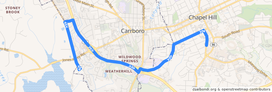 Mapa del recorrido CHT Route CM: Jones Ferry Park and Ride Lot → Pittsboro Street de la línea  en Orange County.