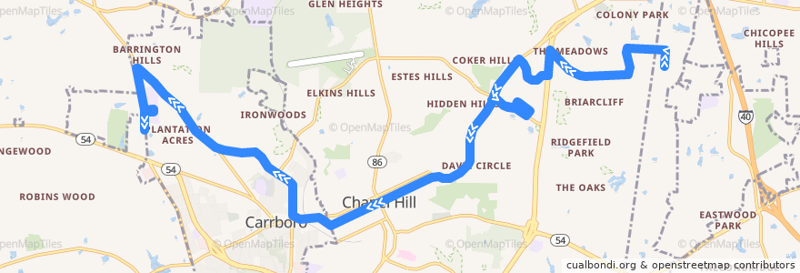 Mapa del recorrido CHT Route F: Colony Woods → Old Fayetteville Road de la línea  en Orange County.
