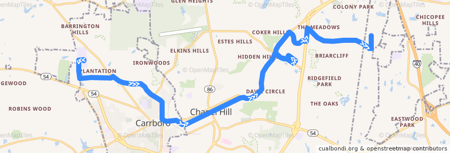 Mapa del recorrido CHT Route F: Old Fayetteville Road → Colony Woods de la línea  en Orange County.
