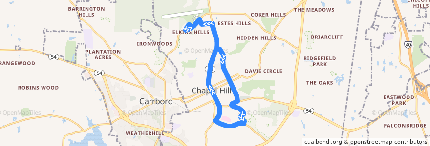 Mapa del recorrido CHT Route NU de la línea  en Chapel Hill.