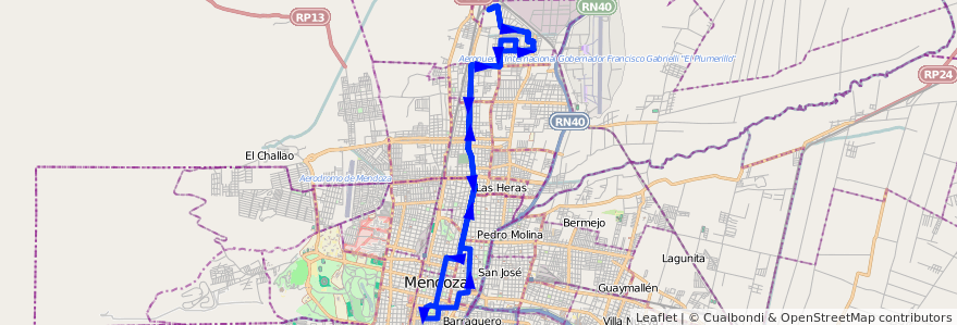 Mapa del recorrido 86 - Bº Espejo - Casa de Gob. de la línea G04 en メンドーサ州.