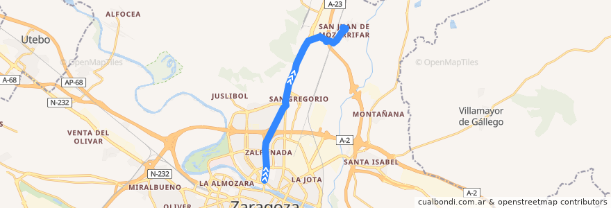 Mapa del recorrido Bus 102: Zaragoza => San Juan de Mozarrifar (por Carretera de Huesca) de la línea  en 사라고사.