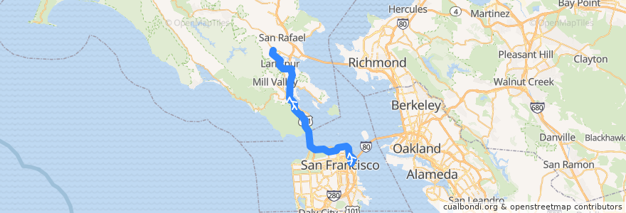 Mapa del recorrido Golden Gate Transit 18: San Francisco => College of Marin (evenings) de la línea  en كاليفورنيا.