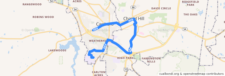 Mapa del recorrido CHT Route J: Jones Ferry → Rock Haven Road (PM schedule) de la línea  en Orange County.
