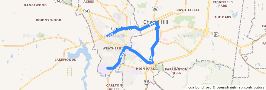 Mapa del recorrido CHT Route J: Jones Ferry → Rock Haven Road (AM schedule) de la línea  en Orange County.
