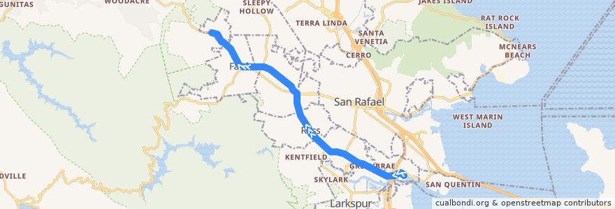 Mapa del recorrido Golden Gate Transit 25: Larkspur Ferry Terminal => Manor (evenings) de la línea  en Marin County.