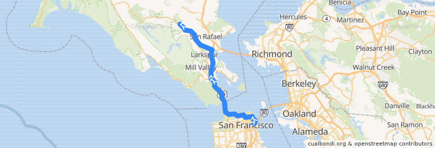 Mapa del recorrido Golden Gate Transit 24X: San Francisco => Manor (evenings) de la línea  en 加利福尼亚州/加利福尼亞州.