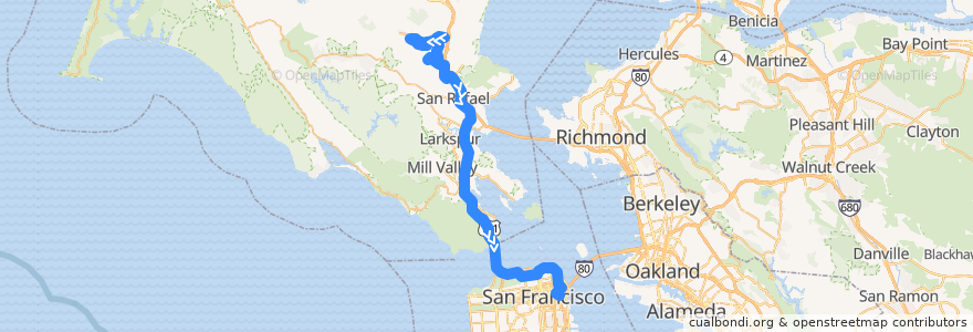 Mapa del recorrido Golden Gate Transit 38A: Marinwood => Lucas Valley => San Francisco (mornings) de la línea  en カリフォルニア州.