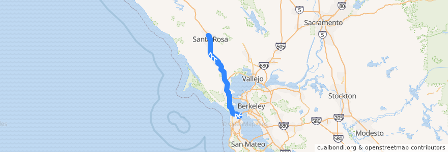 Mapa del recorrido Golden Gate Transit 101X: San Francisco => Santa Rosa (evenings) de la línea  en Kalifornien.