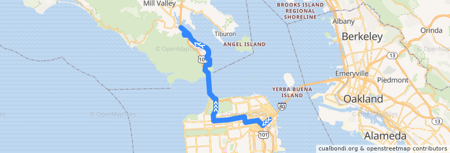 Mapa del recorrido Golden Gate Transit 92: San Francisco => Marin City de la línea  en Californie.