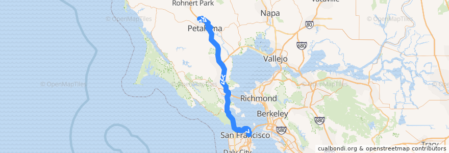Mapa del recorrido Golden Gate Transit 76: East Petaluma => San Francisco (mornings) de la línea  en 加利福尼亚州/加利福尼亞州.