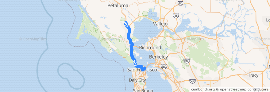 Mapa del recorrido Golden Gate Transit 70: Novato => San Francisco de la línea  en California.